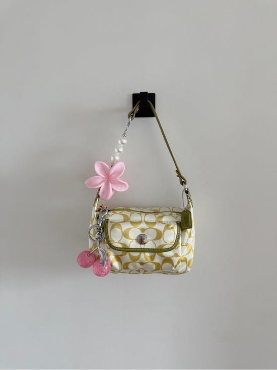 Coach Handbags - Vintage Coach Green & Cream Signature Monogram Nylon Demi Baguette Bag
